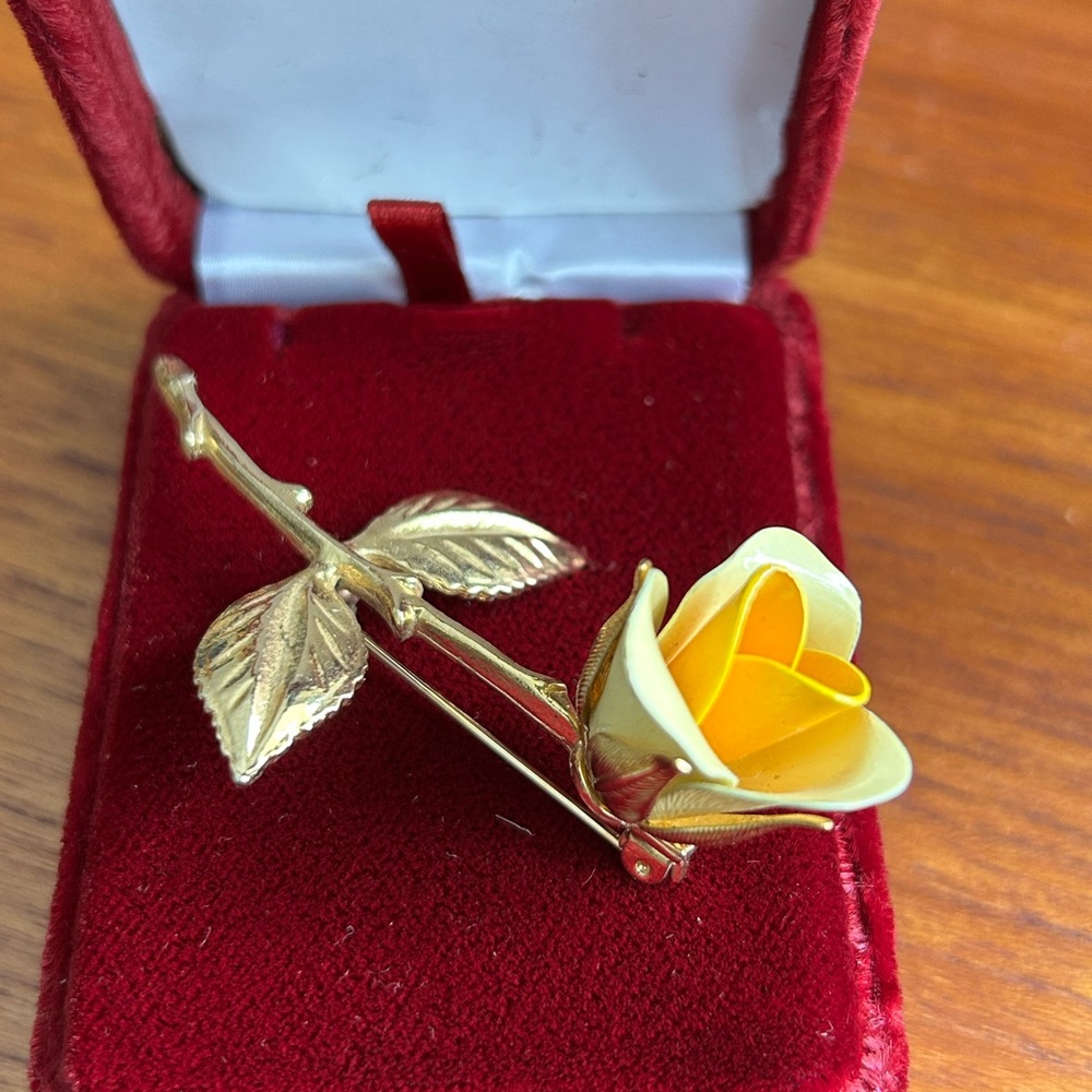 Exquisite Gold-Tone Yellow Enamel Signed Rose Brooch Pin - Mother’s Day